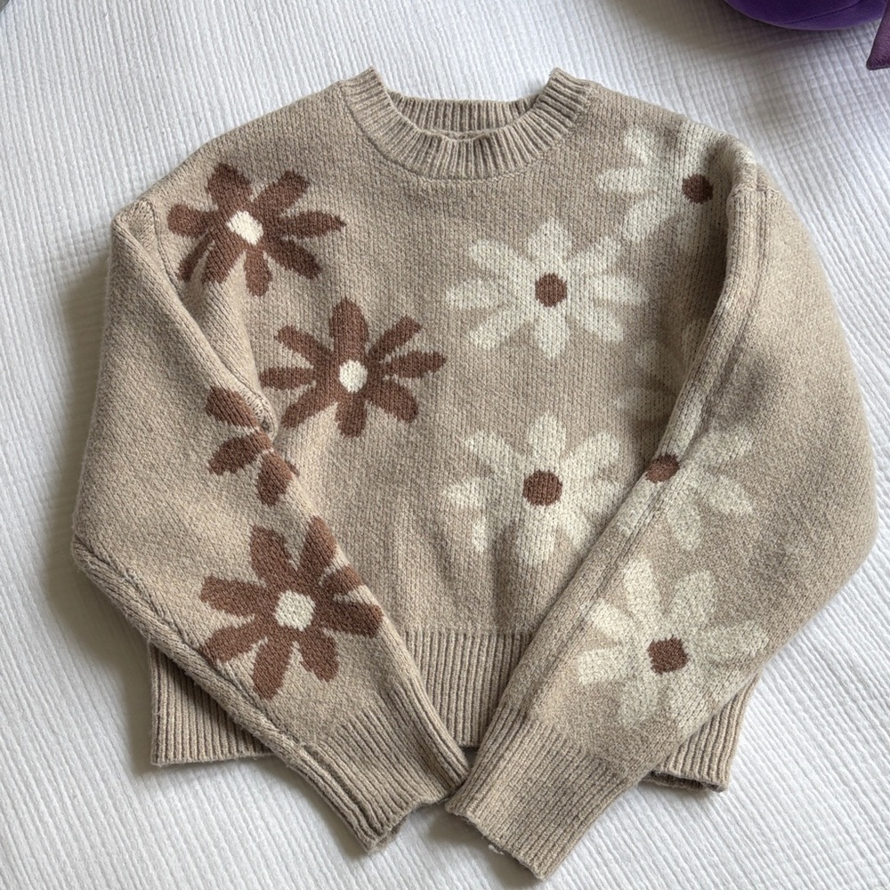 Freshman Beige Crewneck Sweater with Cream & Brown Daisies
